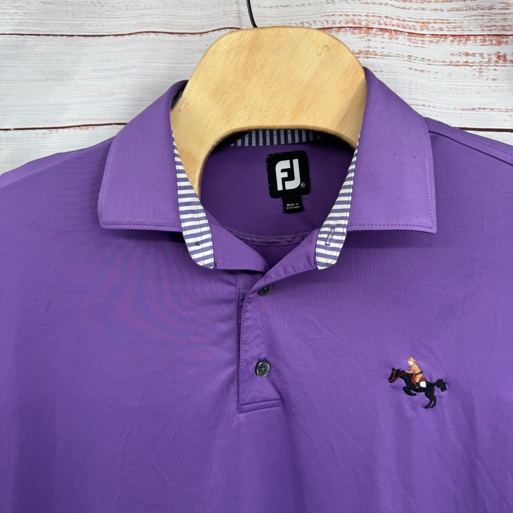 FootJoy Golf Polo Shirt Mens‎ XL Purple Horse Rider Logo Stripe Trim Performacne